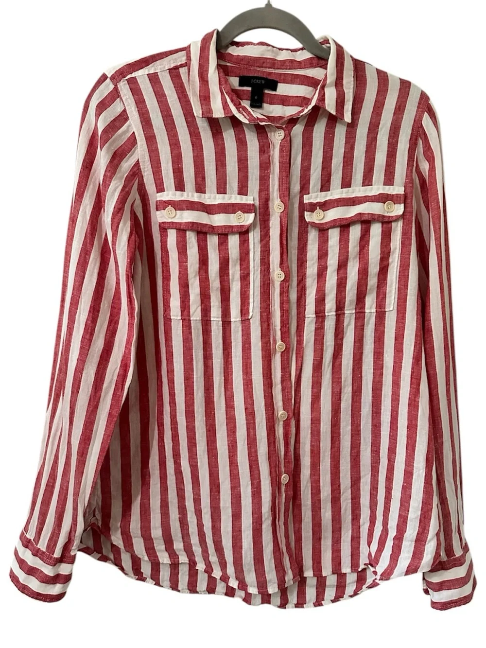 J. Crew Linen Red White Striped Button Down Shirt